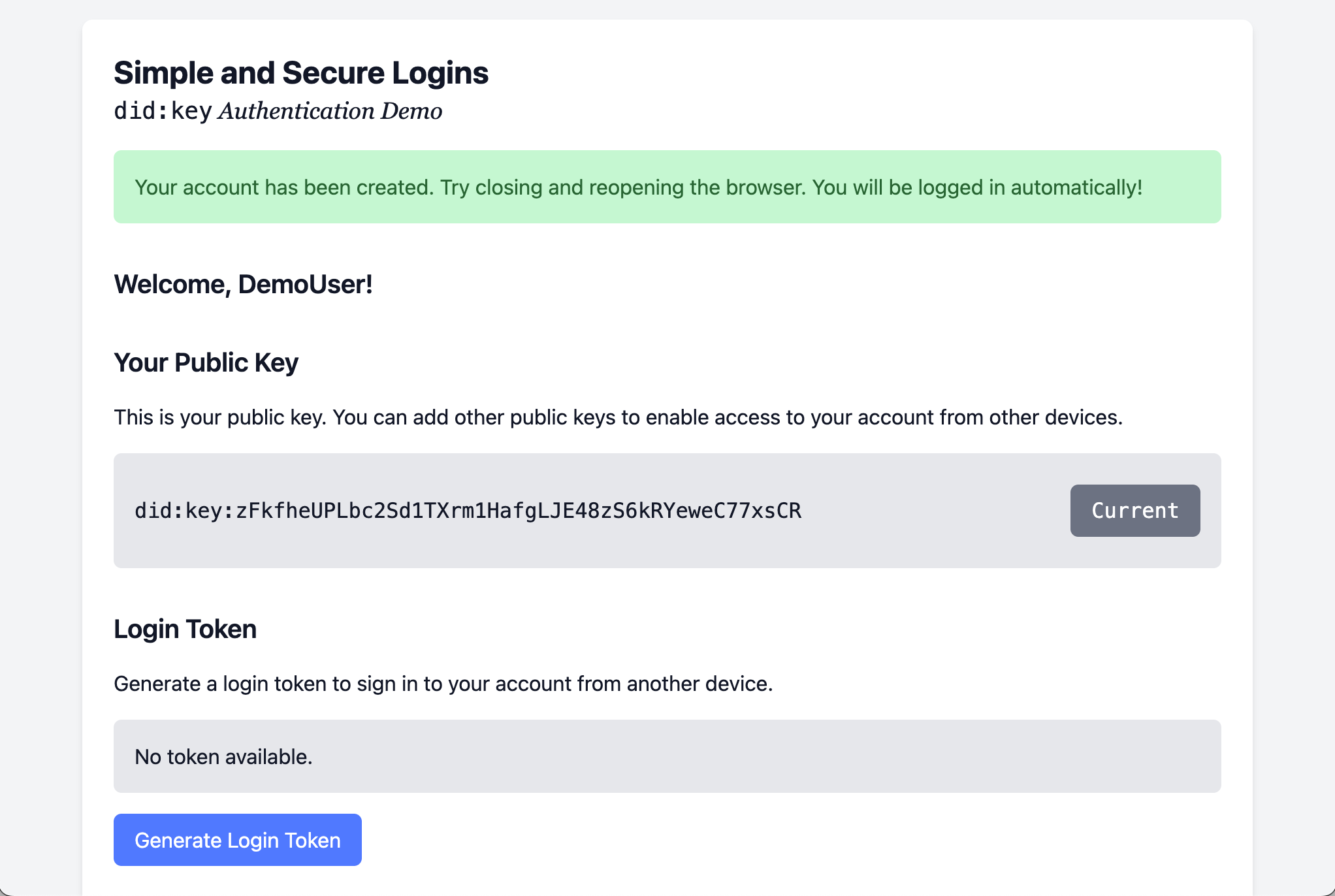 Account created - username linked to public key