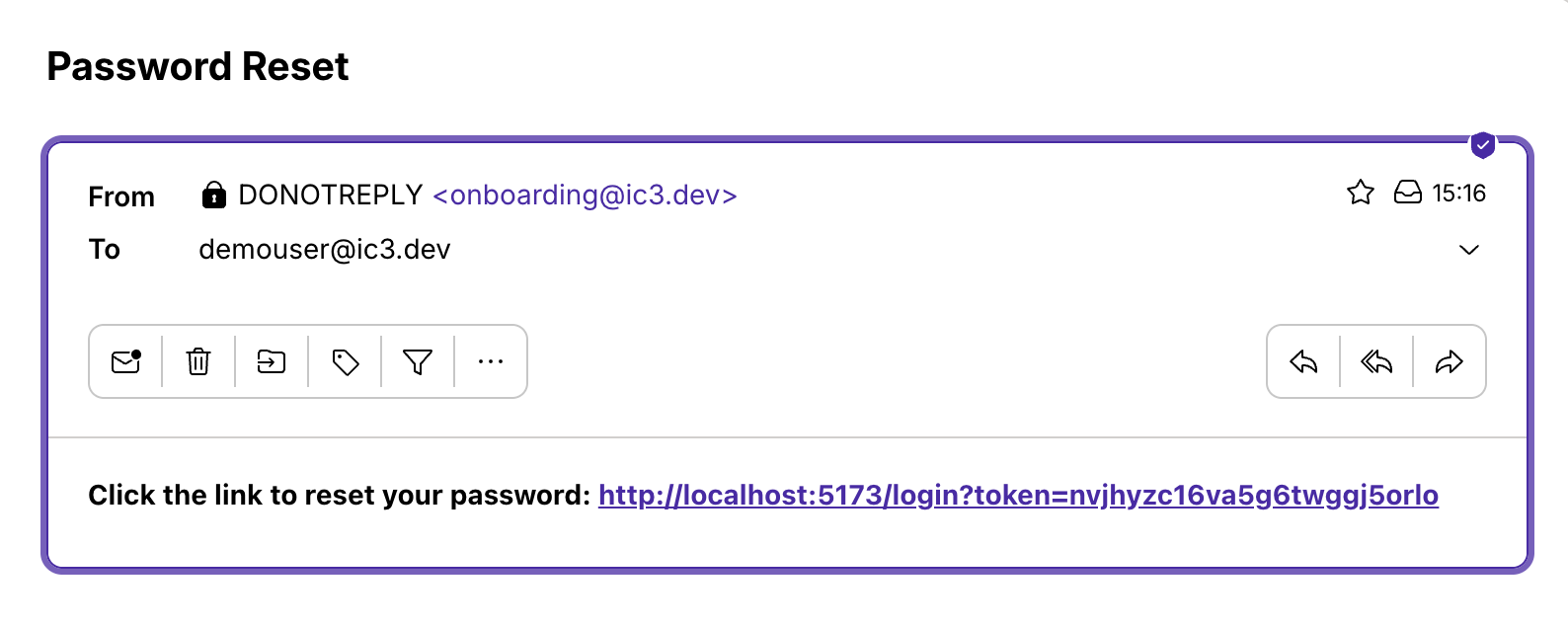 Account reset email with Login Token