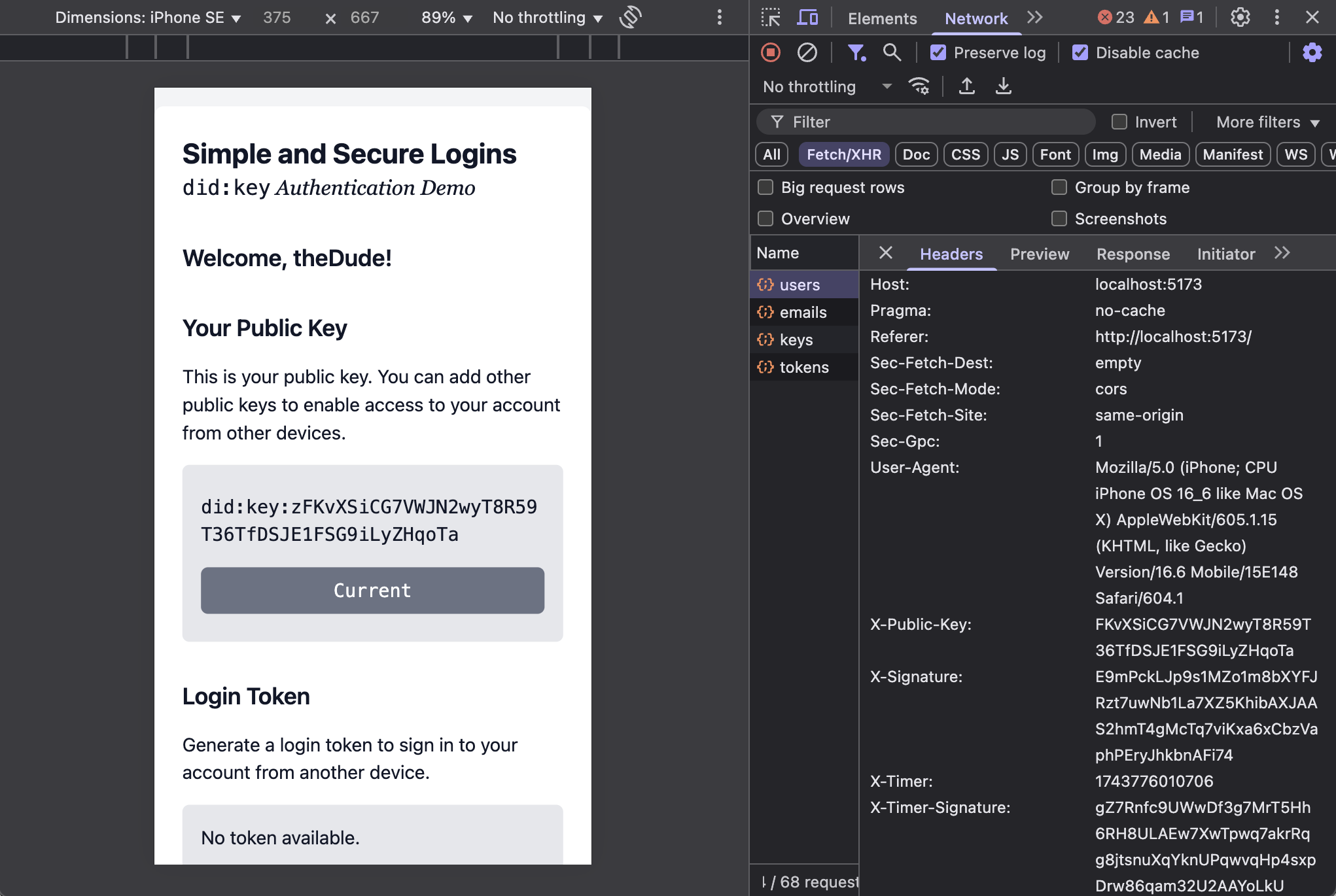 Network console with timestamp in request header